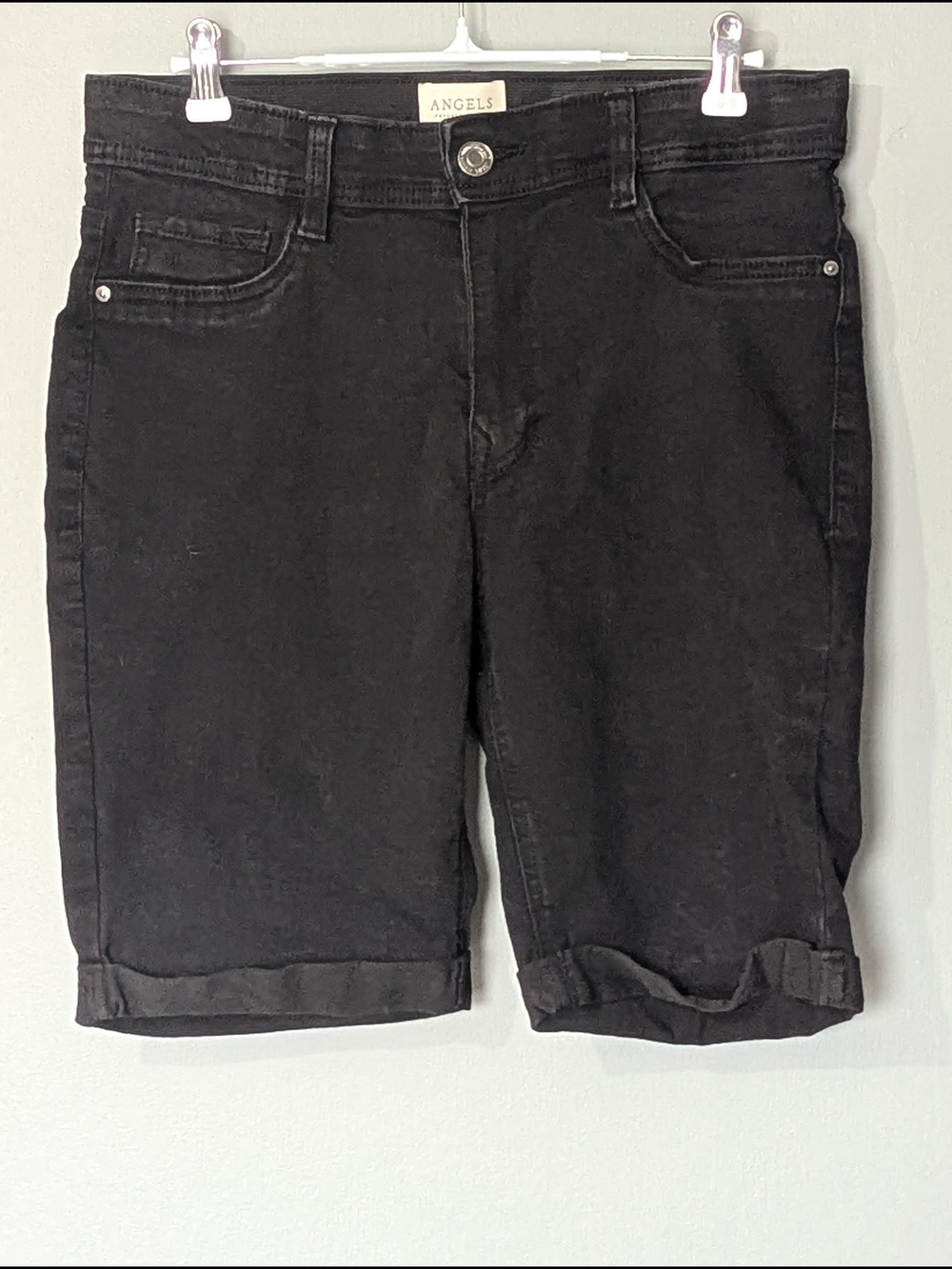 ANGELS Women's Black Denim Bermuda Shorts Minimalist Streetwear Indie Sleaze